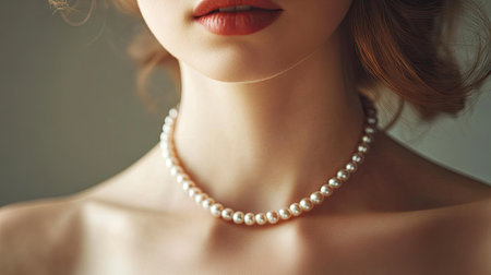Detailed close-up of a woman wearing a pearl necklace, soft-focus background enhancing the elegance and luxury feelの素材