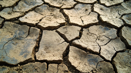 Dry barren land with dramatic cracks, shot in high detail to show the fragility of the environmentの素材