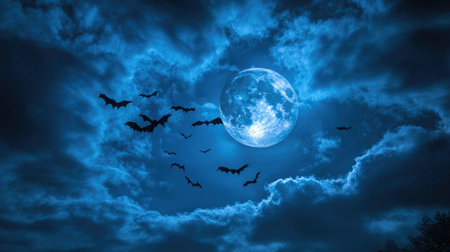 Dramatic Halloween night with a glowing full moon, bats flying in chaotic patterns, clouds drifting slowly across the skyの素材