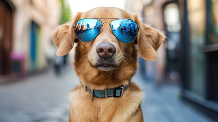 Cool-looking dog with mirrored aviator sunglasses, posing against an urban street background for a fashionable lookの素材