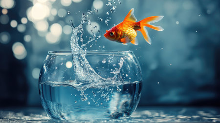 Dynamic shot of a goldfish escaping from a glass bowl, frozen in mid-air with clear water splash around itの素材