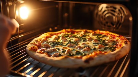 Person checking on a pizza baking in an electric oven, with the oven light illuminating the delicious food insideの素材