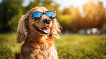 Cute dog wearing stylish sunglasses, sitting confidently under bright sunlight, radiating a cool and playful summer vibeの素材