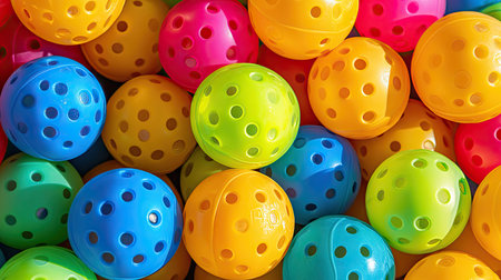 Pile of multi-colored pickleball balls in bright shades of yellow, orange, blue, and green, arranged neatly on a plain surfaceの素材