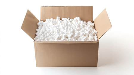 An open cardboard box filled with packing peanuts, isolated on a white background, perfect for shipping-themed visualsの素材
