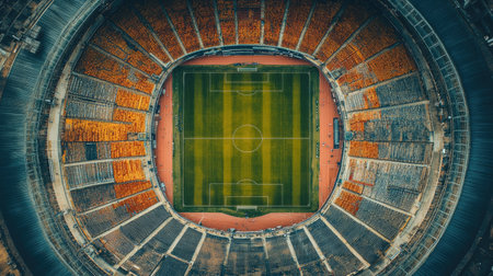 A bird's-eye view of empty rows of seating in a massive stadium, creating a visual pattern of symmetry and wide open spacesの素材