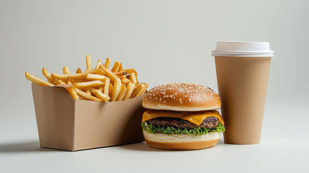 A cardboard package holding a hamburger, fries, and a branded coffee cup, styled for a fast-food promotional shot on whiteの素材