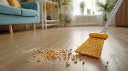 A bright and clean living room with a plastic broom sweeping crumbs and small debris from a wooden floorの素材