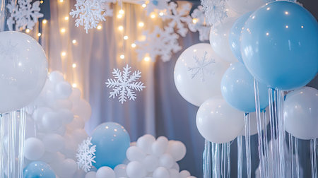 An enchanting winter party display with white and icy blue balloons, accented with snowflake patterns and faux iciclesの素材