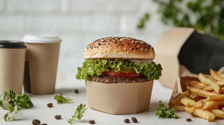 A burger with fresh ingredients, a cup of hot coffee, and a pile of fries in eco-friendly packaging, isolated against whiteの素材