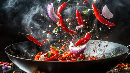 A bold and vibrant image of chili peppers, onions, and spices flipping in mid-air above a wok pan, with steam swirling aroundの素材