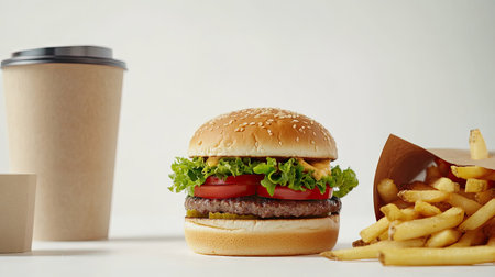 A burger with fresh ingredients, a cup of hot coffee, and a pile of fries in eco-friendly packaging, isolated against whiteの素材