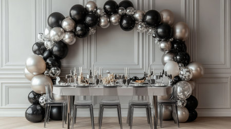 A chic balloon arch in monochromatic tones of gray, silver, and black, framing a modern party table with geometric decorの素材
