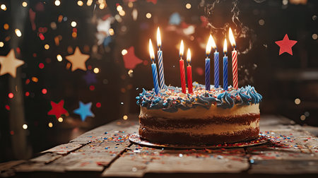 A classic birthday cake with bright blue and red candles, set on a rustic wooden table with scattered confetti starsの素材