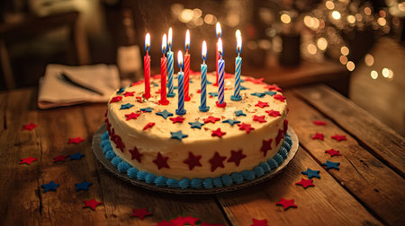 A classic birthday cake with bright blue and red candles, set on a rustic wooden table with scattered confetti starsの素材