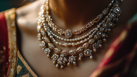 Artistic close-up of a woman's neck with a layered necklace set, highlighting intricate designs and metallic sheenの素材