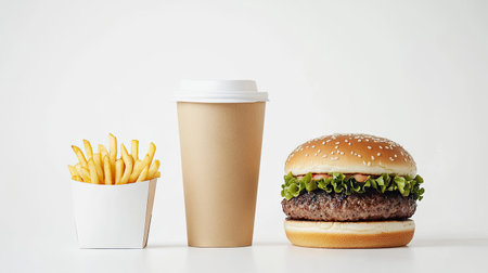 A classic fast-food trio a hamburger, fries in a cardboard container, and a takeaway coffee cup, all neatly displayed on whiteの素材