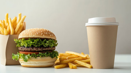 A clean and simple setup of a burger, golden fries, and a coffee cup in sustainable packaging, perfect for a fast-food promotionの素材