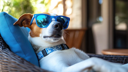 Relaxed dog in cool blue sunglasses, lounging on a cozy outdoor chair under the shadeの素材