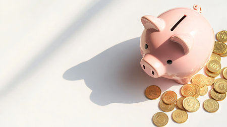 Pink piggy bank with golden coins scattered randomly, casting soft shadows on white backgroundの素材