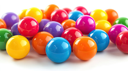 Assorted bright plastic balls scattered randomly, isolated on white background, perfect for children's toy or play conceptの素材
