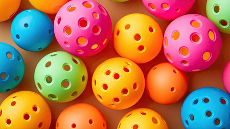 Assorted colorful pickleball balls with perforated holes, scattered randomly on a neutral background for a sporty lookの素材