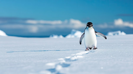Adorable penguin walking slowly across fresh white snow, leaving tiny footprints behind under a clear blue skyの素材