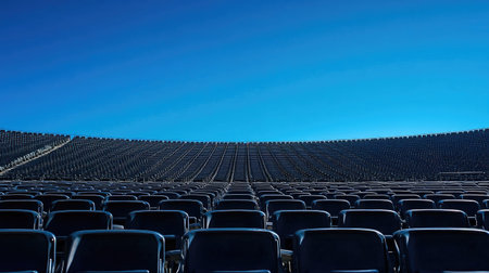 A clean, empty stadium with rows of seats stretching out towards the field, the bright blue sky creating a peaceful atmosphereの素材