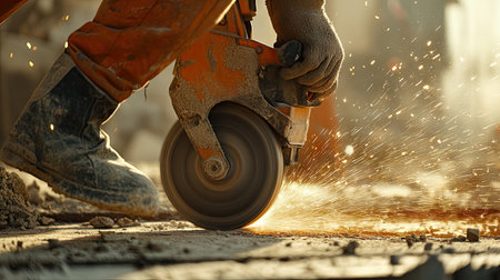 A close-up of a construction worker's hands operating a power saw to cut concrete, with sparks flying dramaticallyの素材