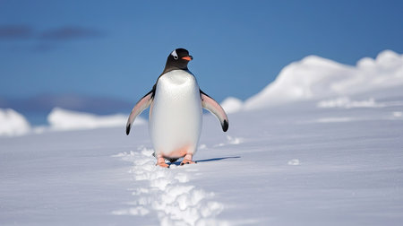Adorable penguin walking slowly across fresh white snow, leaving tiny footprints behind under a clear blue skyの素材