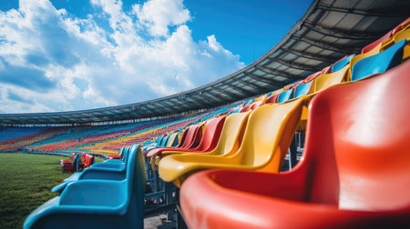 A clear view of empty stadium seating with rows of colorful seats under a bright sky, creating a vast and spacious feelの素材