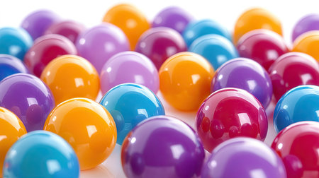 Random assortment of colorful toy balls in glossy plastic texture, isolated on a white background for playful visualsの素材