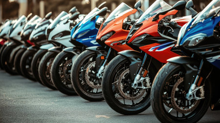 Row of powerful sports motorcycles with bold designs, ready for a group ride, shot from a low angleの素材