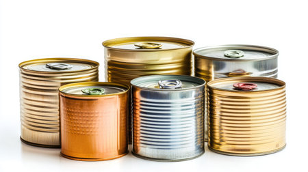 Shiny tin cans with labels removed, positioned on white background with soft shadows for commercial useの素材