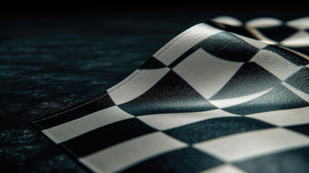 Rolled-up racing checkered flag resting on a dark surface, lit for a bold and dramatic lookの素材