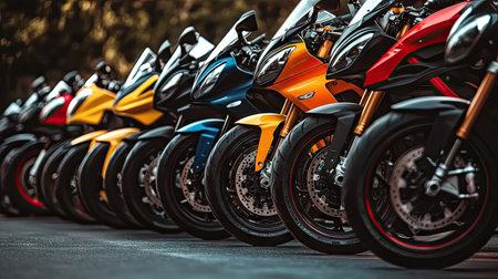 Row of powerful sports motorcycles with bold designs, ready for a group ride, shot from a low angleの素材