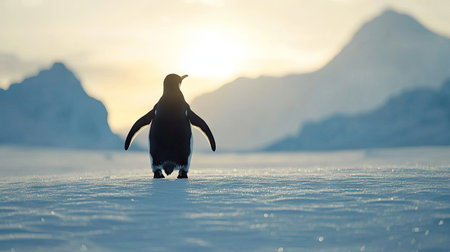 Single penguin walking across icy snowfield, mountains faintly visible in the background under soft sunlightの素材