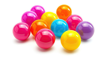 Assorted bright plastic balls scattered randomly, isolated on white background, perfect for children's toy or play conceptの素材