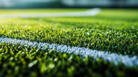 Side angle shot of a soccer field miniature showing grass texture and field markings in fine detailの素材