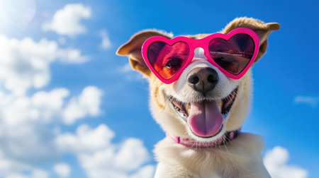Adorable dog wearing fun heart-shaped sunglasses, posing with tongue out under a bright sunny skyの素材