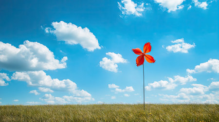 Single bright pinwheel standing tall in a sunny field with blue sky and scattered clouds, evoking happiness and freedomの素材