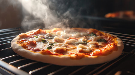 Pizza baking in a countertop electric oven, cheese bubbling with steam rising, ready to be enjoyedの素材