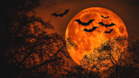 Silhouette of bats flying against a huge full moon, eerie orange glow in the sky, and dark shadows of treesの素材