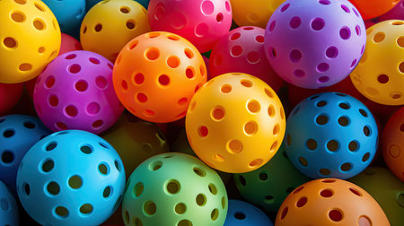 Assorted colorful pickleball balls with perforated holes, scattered randomly on a neutral background for a sporty lookの素材
