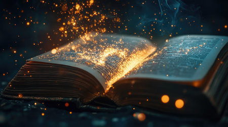 Sparkling magical particles bursting out of an ancient book's open pages, set against a dark fantasy backgroundの素材