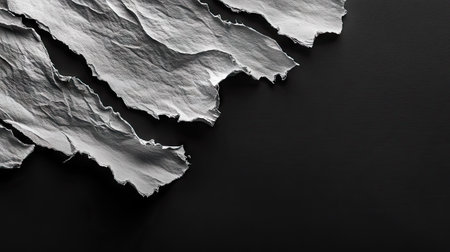 Artistic shot of irregular ripped paper edges with curled fibers, placed against a deep black backdrop for high contrastの素材