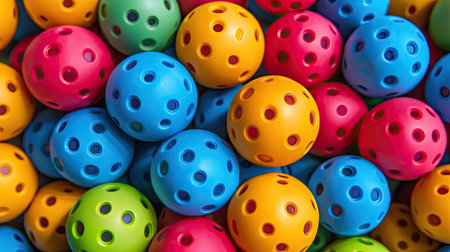 Top view of multi-colored pickleball balls forming a pattern, perfect for a fitness or sports conceptの素材