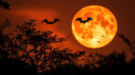 Silhouette of bats flying against a huge full moon, eerie orange glow in the sky, and dark shadows of treesの素材