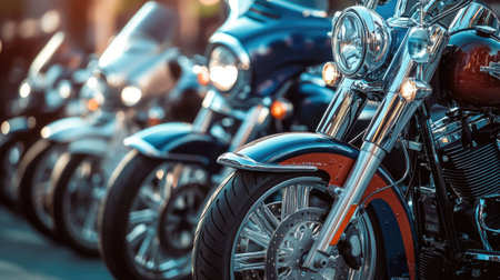 Row of shiny motorcycles parked side by side on a city street, chrome parts gleaming under sunlightの素材