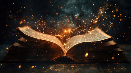 Sparkling magical particles bursting out of an ancient book's open pages, set against a dark fantasy backgroundの素材